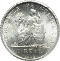 reverse of 1 Real (1899) coin with KM# 174a from Guatemala. Inscription: REPUBLICA DE GUATEMALA 30 DE JUNIO DE 1871 1 REAL LAGRANGE