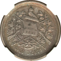 obverse of 2 Reales (1879) coin with KM# 154 from Guatemala. Inscription: LIBERTAD 15 de SETE de 1821 0900 D 1879