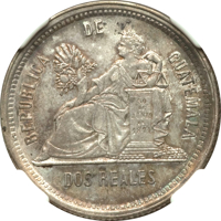 reverse of 2 Reales (1879) coin with KM# 154 from Guatemala. Inscription: REPUBLICA DE GUATEMALA 30 DE JUNIO DE 1871 DOS REALES