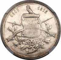 obverse of 1 Peso (1878 - 1879) coin with KM# 200 from Guatemala. Inscription: 0,900 1878 LIBERTAD 15 DE SETIEMBRE DE 1821 D