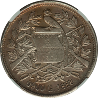 obverse of 1 Peso (1879 - 1889) coin with KM# 207 from Guatemala. Inscription: LIBERTAD 15 DE SETIEMBRE DE 1821 0900 G. 1888