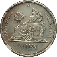 reverse of 1 Peso (1879 - 1889) coin with KM# 207 from Guatemala. Inscription: REPUBLICA DE GUATEMALA 30 DE JUNIO DE 1871 UN PESO