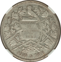 obverse of 1 Peso (1879 - 1893) coin with KM# 201 from Guatemala. Inscription: LIBERTAD 15 DE SETIEMBRE DE 1821 0,900 D 1879