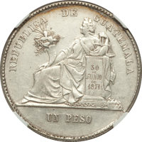 reverse of 1 Peso (1879 - 1893) coin with KM# 201 from Guatemala. Inscription: REPUBLICA DE GUATEMALA 30 DE JUNIO DE 1871 UN PESO