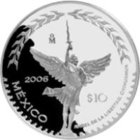 reverse of 10 Pesos - Chihuahua - Silver Proof Issue (2006) coin with KM# 774 from Mexico. Inscription: Mo 2006 $10 México ANGEL DE LA LIBERTAD, CHIHUAHUA