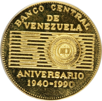 obverse of 50 Bolívares - 50th Anniversary of the Central Bank of Venezuela (1990) coin with Y# 67 from Venezuela. Inscription: BANCO CENTRAL DE VENEZUELA ANIVERSARIO 1940-1990