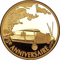 reverse of 100 Euro - 75th Anniversary of the first transatlantic flight of Charles Lindbergh (2002) coin with KM# 1985 from France. Inscription: NEW YORK 7:52 AM MAY 20 1927 α 2002 75e ANNIVERSAIRE Spirit of St.Louis