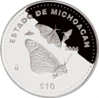 reverse of 10 Pesos - Michoacán - Silver Proof Issue (2006) coin with KM# 831 from Mexico. Inscription: ESTADO DE MICHOACAN 2006 Mo $10