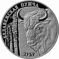 reverse of 20 Roubles - Belarusian National Parks and Nature Reserves - Belovezhskaya Pushcha. Zubr (2001) coin with KM# 46 from Belarus. Inscription: БЕЛАВЕЖСКАЯ ПУШЧА ЗУБР