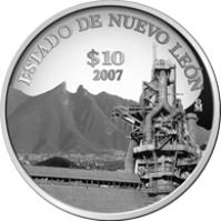 reverse of 10 Pesos - Nuevo León - Silver Proof Issue (2007) coin with KM# 834 from Mexico. Inscription: ESTADO DE NUEVO LEÓN 10$ 2007 Mo