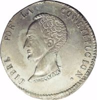 obverse of 4 Soles (1853) coin with KM# 124 from Bolivia. Inscription: LIBRE POR LA CONSTITUCION