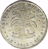 reverse of 4 Soles (1853) coin with KM# 124 from Bolivia. Inscription: REPUBLICA BOLIVIANA · PAZ · 1853 · 4S · J