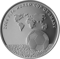 reverse of 1 New Sheqel - 2006 FIFA World Cup Germany (2004) coin with KM# 406 from Israel. Inscription: 2006 FIFA WORLD CUP GERMANY