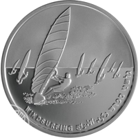 reverse of 1 New Sheqel - Israel Olympic Delegation to the 2004 Olympic Games: Windsurfing (2004) coin with KM# 383 from Israel. Inscription: WINDSURFING גלשני מפרש ركوب الأمواج