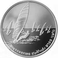 reverse of 2 New Sheqalim - Israel Olympic Delegation to the 2004 Olympic Games: Windsurfing (2004) coin with KM# 384 from Israel. Inscription: WINDSURFING גלשני מפרש ركوب ألأمواج