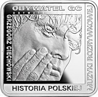 reverse of 10 Złotych - Grzegorz Ciechowski (2014) coin with Y# 918 from Poland. Inscription: OBYWATEL GC OBYWATEL ŚWIATA GRZEGORZ CIECHOWSKI HISTORIA POLSKIEJ MUZYKI ROZRYWKOWEJ