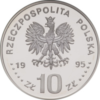 obverse of 10 Złotych - 100 Years of Olympic Games (1995) coin with Y# 301 from Poland. Inscription: RZECZPOSPOLITA POLSKA mw 1995 ZŁ 10 ZŁ