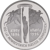 reverse of 10 Złotych - 100 Years of Olympic Games (1995) coin with Y# 301 from Poland. Inscription: Ateny Atlanta 1896 1996 RK 100 LAT NOWOŻYTNYCH IGRZYSK OLIMPIJSKICH