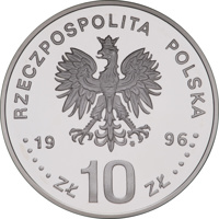 obverse of 10 Złotych - 40th Anniversary - Death of Stanisław Mikołajczyk (1996) coin with Y# 317 from Poland. Inscription: RZECZPOSPOLITA POLSKA mw 1996 ZŁ 10 ZŁ