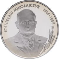 reverse of 10 Złotych - 40th Anniversary - Death of Stanisław Mikołajczyk (1996) coin with Y# 317 from Poland. Inscription: STANISŁAW MIKOŁAJCZYK 1901-1966