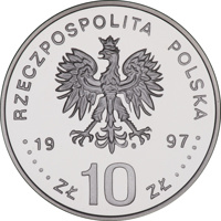 obverse of 10 Złotych - Stefan Batory (1576 - 1586) (1997) coin with Y# 326 from Poland. Inscription: RZECZPOSPOLITA POLSKA mw 1997 ZŁ 10 ZŁ