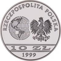 obverse of 10 Złotych - Centenary of the death of Ernest Malinowski (1818 - 1899) (1999) coin from Poland. Inscription: RZECZPOSPOLITA POLSKA mw 1999 ZŁ 10 ZŁ