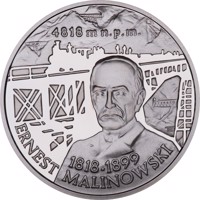 reverse of 10 Złotych - Centenary of the death of Ernest Malinowski (1818 - 1899) (1999) coin from Poland. Inscription: 4818 m n.p.m. 1818-1899 ERNEST MALINOWSKI