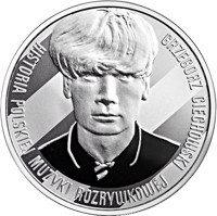 reverse of 10 Złotych - Grzegorz Ciechowski (2014) coin with Y# 917 from Poland. Inscription: HISTORIA POLSKIEJ MUZYKI ROZRYWKOWEJ GRZEGORZ CIECHOWSKI