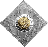 obverse of 5 Złotych - Foundation of the Warsaw Mint (2016) coin from Poland. Inscription: 250. ROCZNICA ZAŁOŻENIA MENNICY WARSZAWSKIEJ 5 ZŁOTYCH mw