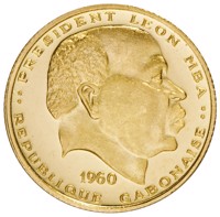 obverse of 10 Francs - Independence (1960) coin with KM# 1 from Gabon. Inscription: PRESIDENT LEON MBA 1960 REPUBLIQUE GABONAISE