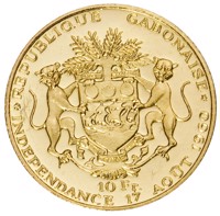 reverse of 10 Francs - Independence (1960) coin with KM# 1 from Gabon. Inscription: REPUBLIQUE GABONAISE 10 Fr. INDEPENDANCE 17 AOÛT 1960