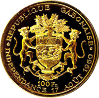 reverse of 100 Francs - Independence (1960) coin with KM# 4 from Gabon. Inscription: REPUBLIQUE GABONAISE 100 Fr. INDEPENDANCE 17 AOÛT 1960