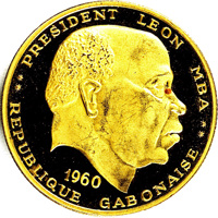 obverse of 50 Francs - Independence (1960) coin with KM# 3 from Gabon. Inscription: PRESIDENT LEON MBA 1960 REPUBLIQUE GABONAISE