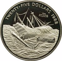 reverse of 25 Dollars - Elizabeth II - Shipwreck of San Antonio (1988) coin with KM# 63 from Bermuda. Inscription: TWENTY-FIVE DOLLARS 1988 .999 ONE OUNCE PALLADIUM THE WRECK OF THE SAN ANTONIO 1621