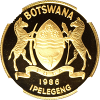 obverse of 5 Pula - Wildlife - Red Lechwes (1986) coin with KM# 19 from Botswana. Inscription: BOTSWANA PULA 1986 IPELEGENG