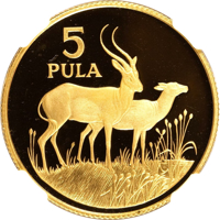 reverse of 5 Pula - Wildlife - Red Lechwes (1986) coin with KM# 19 from Botswana. Inscription: 5 PULA