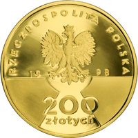 obverse of 200 Złotych - 20th Anniversary of John Paul's II Pontificate (1998) coin from Poland. Inscription: RZECZPOSPOLITA POLSKA 1998 mw 200 złotych