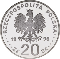 obverse of 20 Złotych - The 1000th anniversary of Gdańsk (997 - 1997) (1996) coin with Y# 319 from Poland. Inscription: RZECZPOSPOLITA POLSKA 1996 mw ZŁ 20 ZŁ