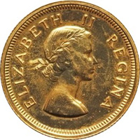 obverse of 1 Pound - Elizabeth II - 1'st Portrait (1953 - 1960) coin with KM# 54 from South Africa. Inscription: ELIZABETH II REGINA MG