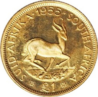 reverse of 1 Pound - Elizabeth II - 1'st Portrait (1953 - 1960) coin with KM# 54 from South Africa. Inscription: SUID-AFRIKA - 1955 - SOUTH AFRICA CLS £1