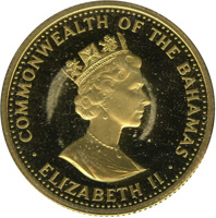 obverse of 250 Dollars - Elizabeth II - Christopher Columbus discovers the New World (1988) coin with KM# 126 from Bahamas. Inscription: COMMONWEALTH OF THE BAHAMAS RDM · ELIZABETH II ·