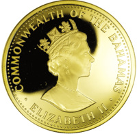 obverse of 2500 Dollars - Elizabeth II - Christopher Columbus discovers the New World (1988) coin with KM# 122 from Bahamas. Inscription: COMMONWEALTH OF THE BAHAMAS RDM · ELIZABETH II ·