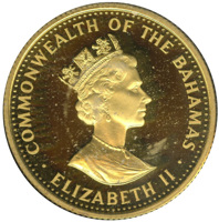 obverse of 250 Dollars - Elizabeth II - Christopher Columbus discovers America on October 12, 1492 (1989) coin with KM# 131 from Bahamas. Inscription: COMMONWEALTH OF THE BAHAMAS RDM · ELIZABETH II ·