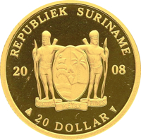 obverse of 20 Dollar - 20th Anniversary of Gold Medal by Antony Nesty at Seoul Olympics, 1988 (2008) coin with KM# 65 from Suriname. Inscription: REPUBLIEK SURINAME 20 08 20 DOLLAR