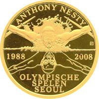 reverse of 20 Dollar - 20th Anniversary of Gold Medal by Antony Nesty at Seoul Olympics, 1988 (2008) coin with KM# 65 from Suriname. Inscription: ANTHONY NESTY 1988 2008 OLYMPISCHE SPELEN SEOUL