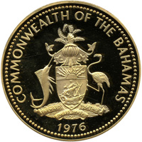 obverse of 100 Dollars - Elizabeth II - Third anniversary of Independence (1976) coin from Bahamas. Inscription: COMMONWEALTH OF THE BAHAMAS FORWARD UPWARD ONWARD TOGETHER 1976