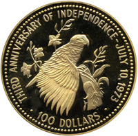 reverse of 100 Dollars - Elizabeth II - Third anniversary of Independence (1976) coin from Bahamas. Inscription: THIRD ANNIVERSARY OF INDEPENDENCE - JULY 10. 1973 · 100 DOLLARS ·