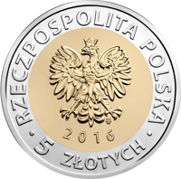 obverse of 5 Złotych - Discover Poland – Pomeranian Dukes’ Castle in Szczecin (2016) coin with Y# 950 from Poland. Inscription: RZECZPOSPOLITA POLSKA mw 2016 • 5 ZŁOTYCH •