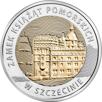 reverse of 5 Złotych - Discover Poland – Pomeranian Dukes’ Castle in Szczecin (2016) coin with Y# 950 from Poland. Inscription: ZAMEK KSIĄŻĄT POMORSKICH W SZCZECINIE