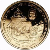 reverse of 100 Dollars - Elizabeth II - 500th anniversary of the discovery of America by Christopher Columbus (1988) coin with KM# 97 from Cayman Islands. Inscription: 500TH ANNIVERSARY OF COLUMBUS DISCOVERY OF THE NEW WORLD · 100 DOLLARS ·